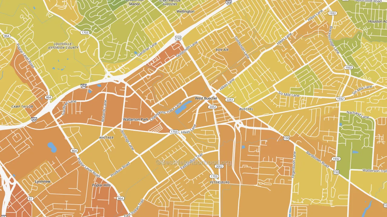 Map of the best neighborhoods in the West Buechel area, with better matches in green and worse matches in red