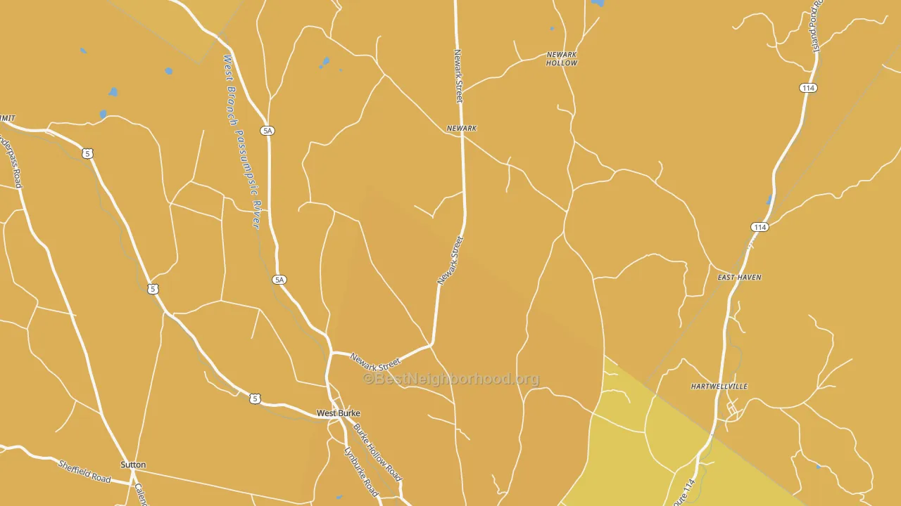 Map of the best neighborhoods in the West Burke area, with better matches in green and worse matches in red