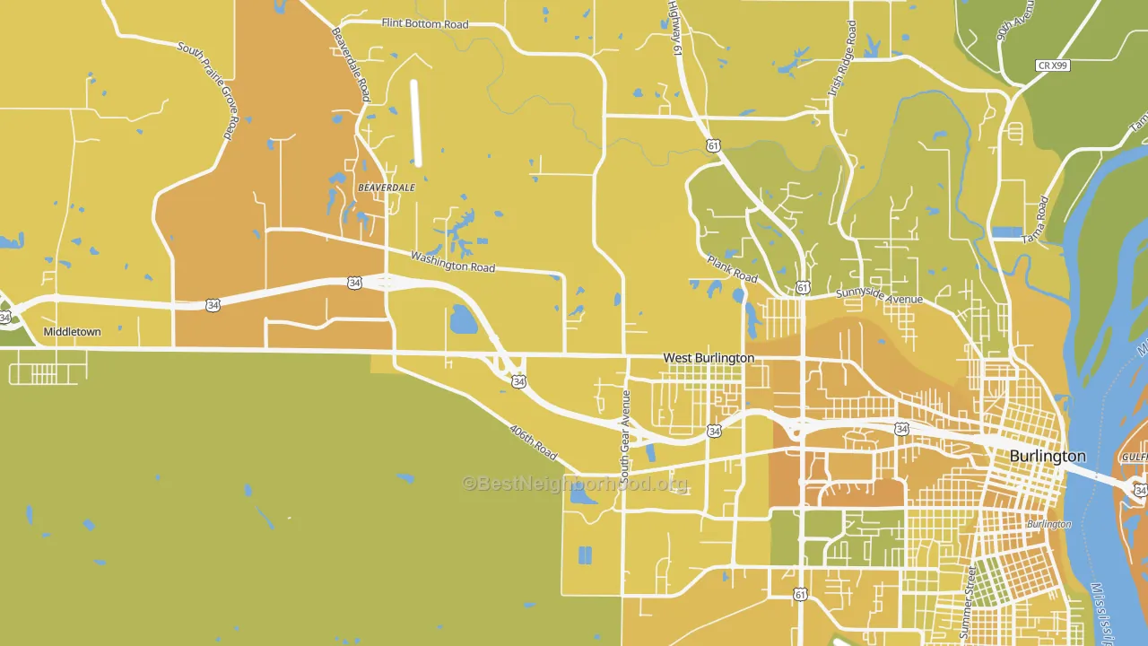 Map of the best neighborhoods in the West Burlington area, with better matches in green and worse matches in red
