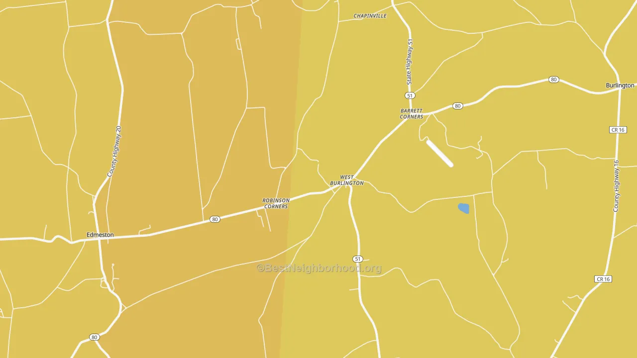 Map of the best neighborhoods in the West Burlington area, with better matches in green and worse matches in red