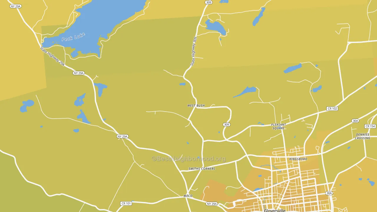Map of the best neighborhoods in the West Bush area, with better matches in green and worse matches in red