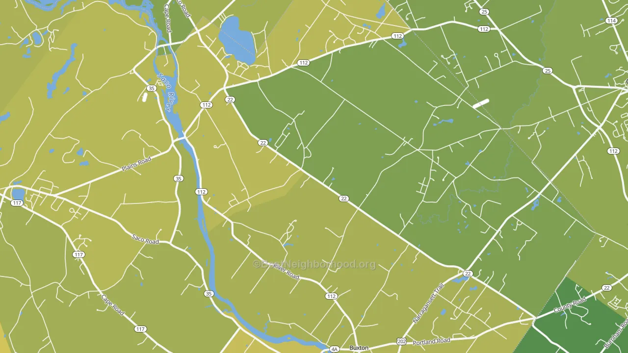 Map of the best neighborhoods in the West Buxton area, with better matches in green and worse matches in red