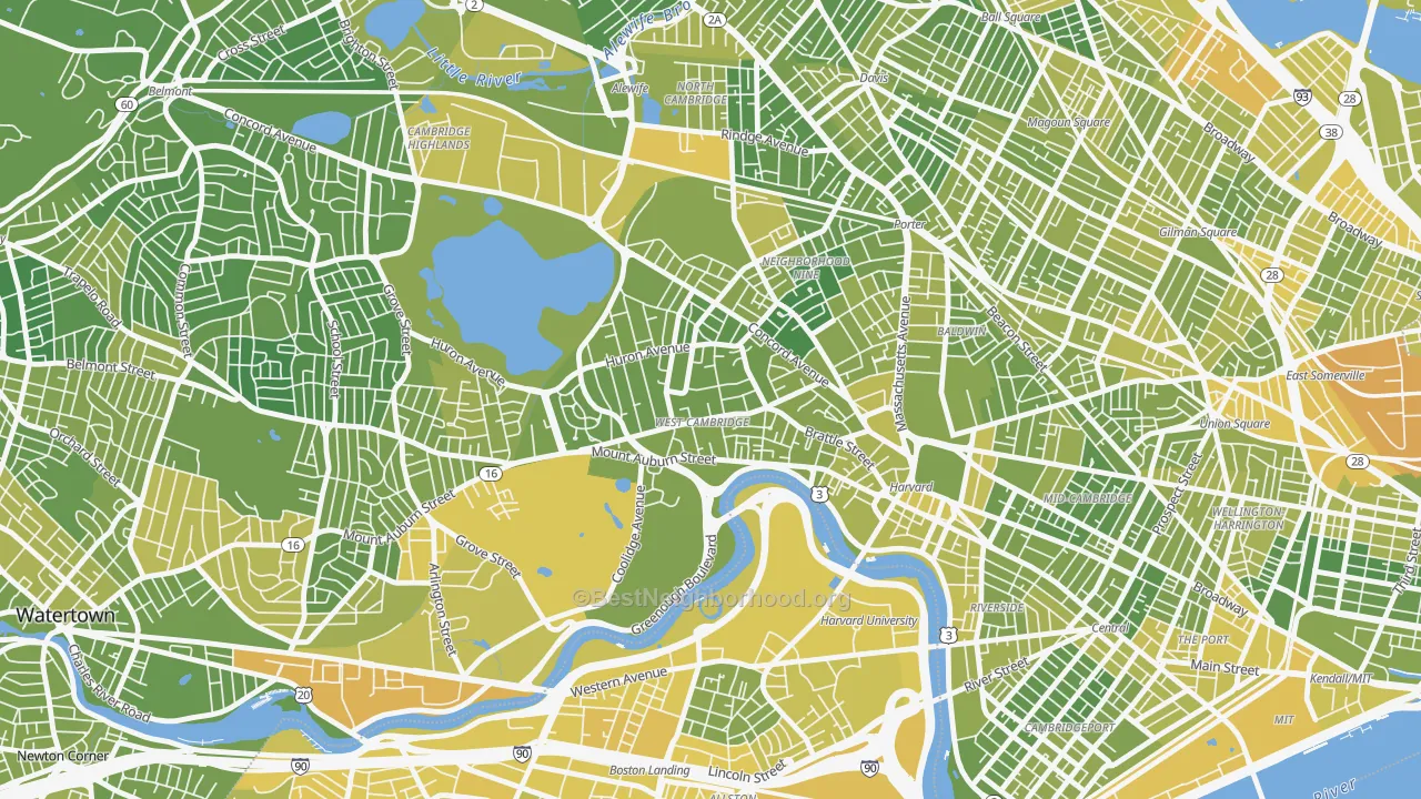 Map of the best neighborhoods in the West Cambridge, Cambridge area, with better matches in green and worse matches in red
