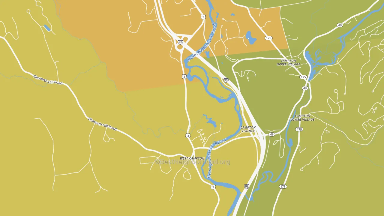 Map of the best neighborhoods in the West Campton area, with better matches in green and worse matches in red