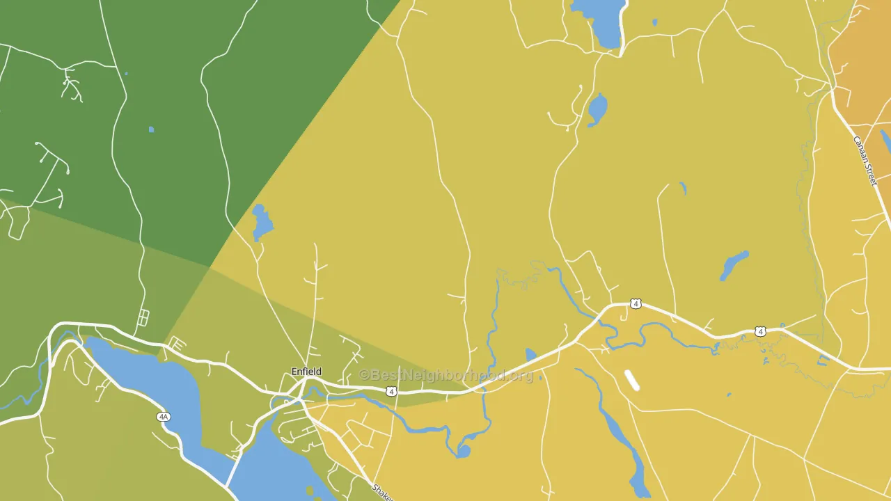 Map of the best neighborhoods in the West Canaan area, with better matches in green and worse matches in red