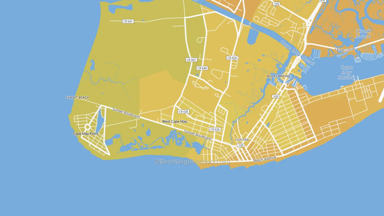 Map of the best neighborhoods in the West Cape May area, with better matches in green and worse matches in red