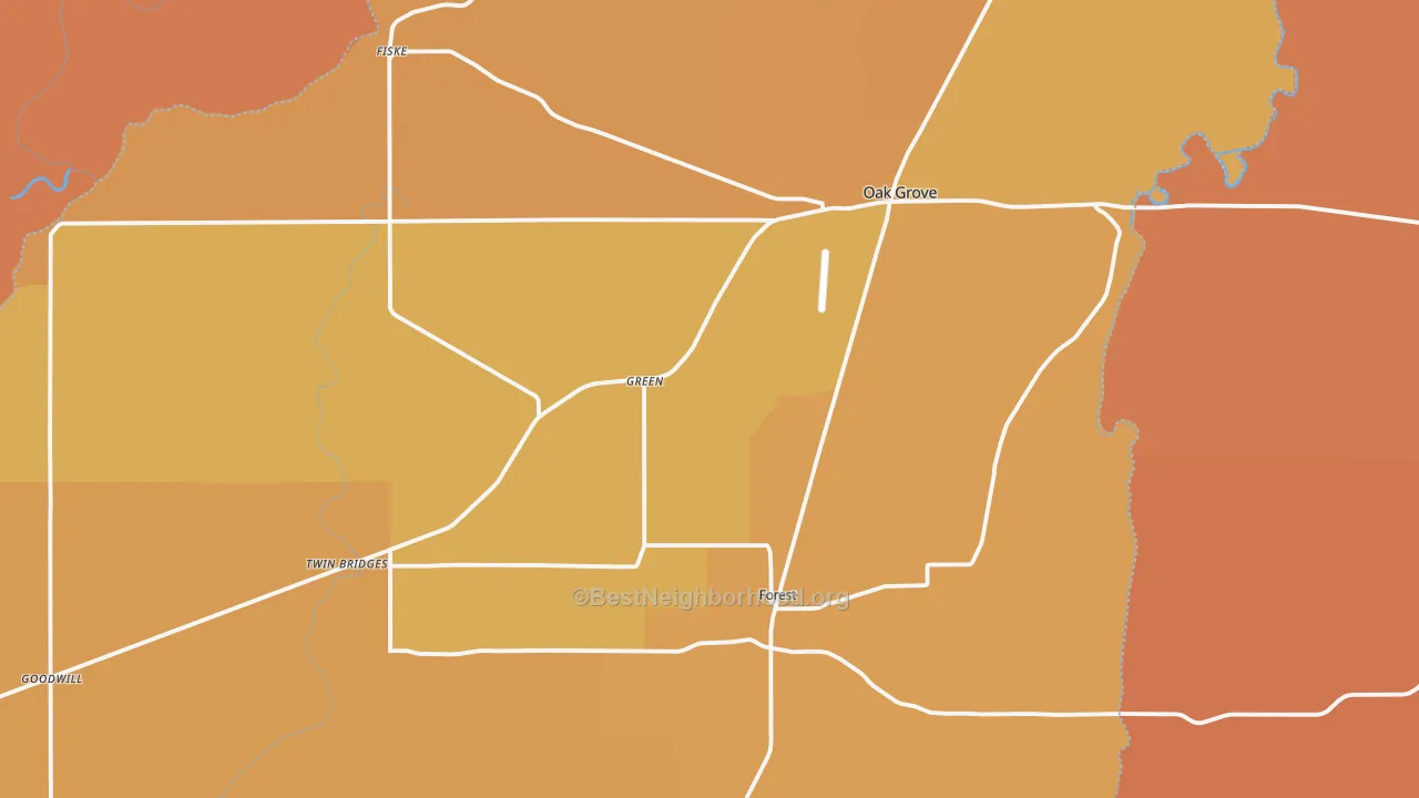 Map of the best neighborhoods in the West Carroll Parish area, with better matches in green and worse matches in red