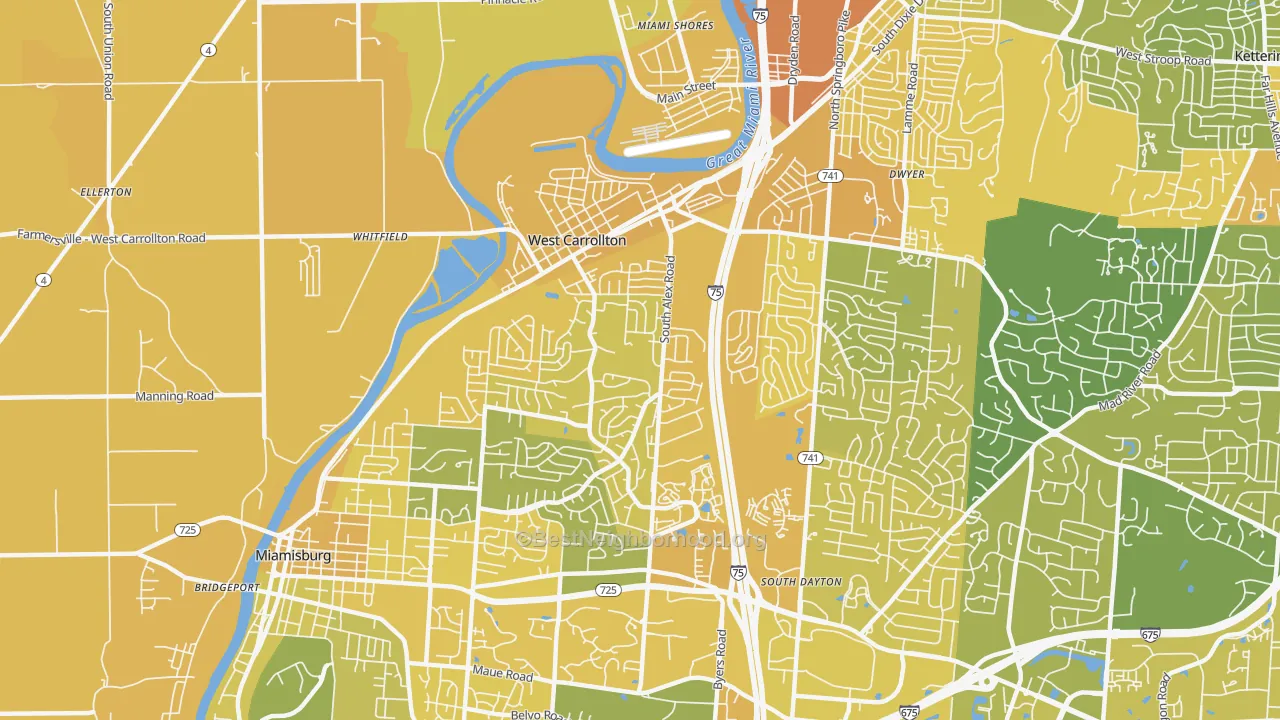 Map of the best neighborhoods in the West Carrollton area, with better matches in green and worse matches in red
