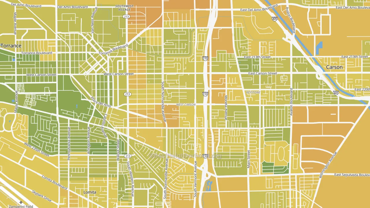 Map of the best neighborhoods in the West Carson area, with better matches in green and worse matches in red