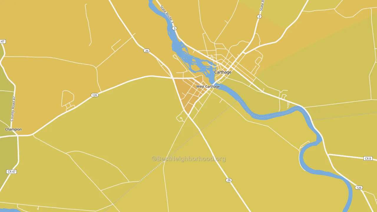Map of the best neighborhoods in the West Carthage area, with better matches in green and worse matches in red