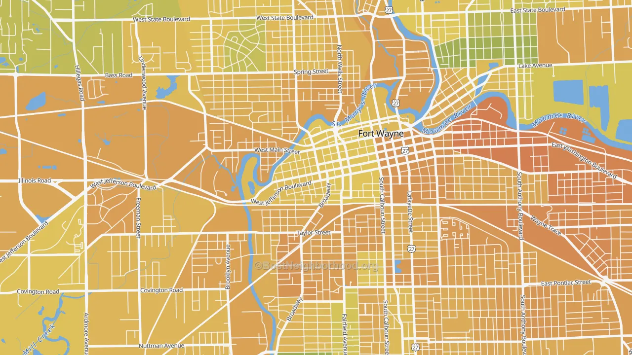 Map of the best neighborhoods in the West Central, Fort Wayne area, with better matches in green and worse matches in red
