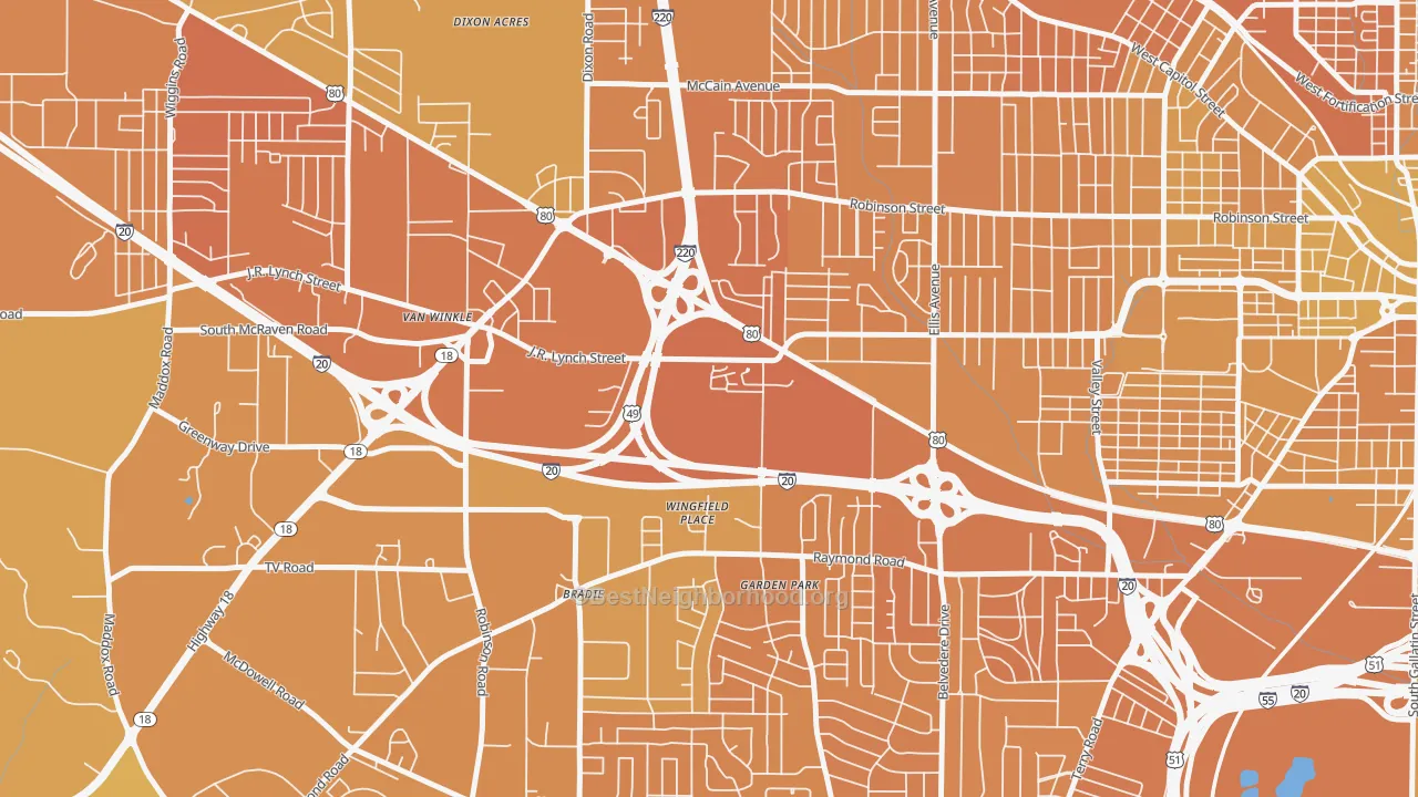 Map of the best neighborhoods in the West Central Jackson, Jackson area, with better matches in green and worse matches in red