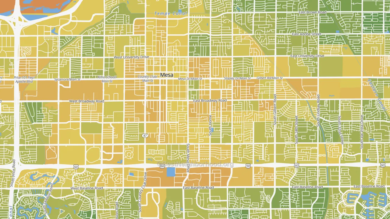 Map of the best neighborhoods in the West Central, Mesa area, with better matches in green and worse matches in red