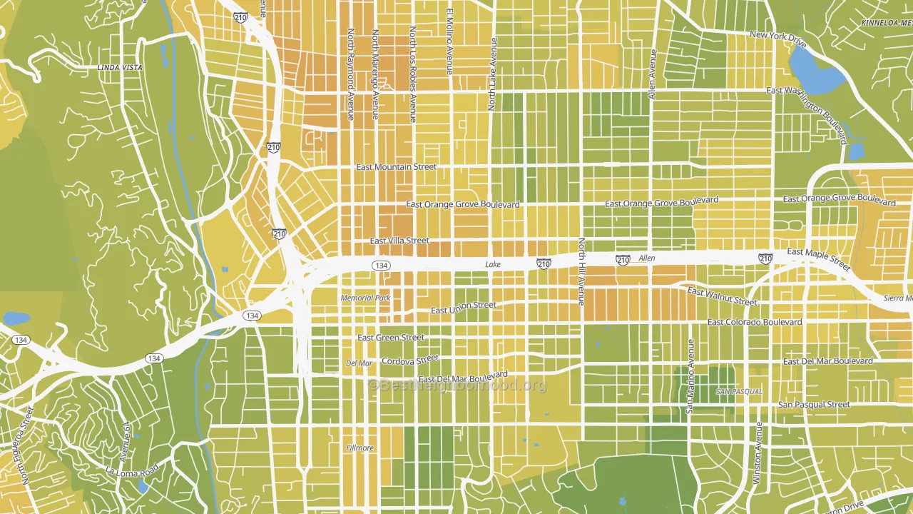 Map of the best neighborhoods in the West Central, Pasadena area, with better matches in green and worse matches in red