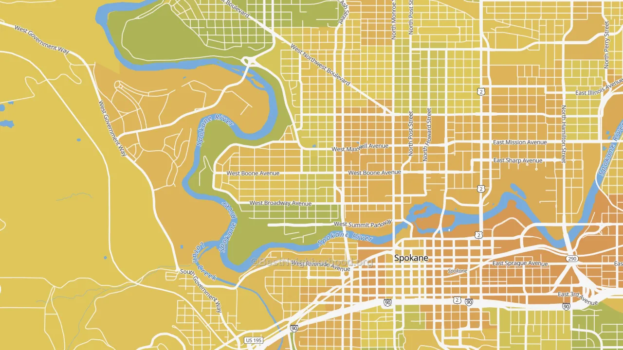 Map of the best neighborhoods in the West Central, Spokane area, with better matches in green and worse matches in red