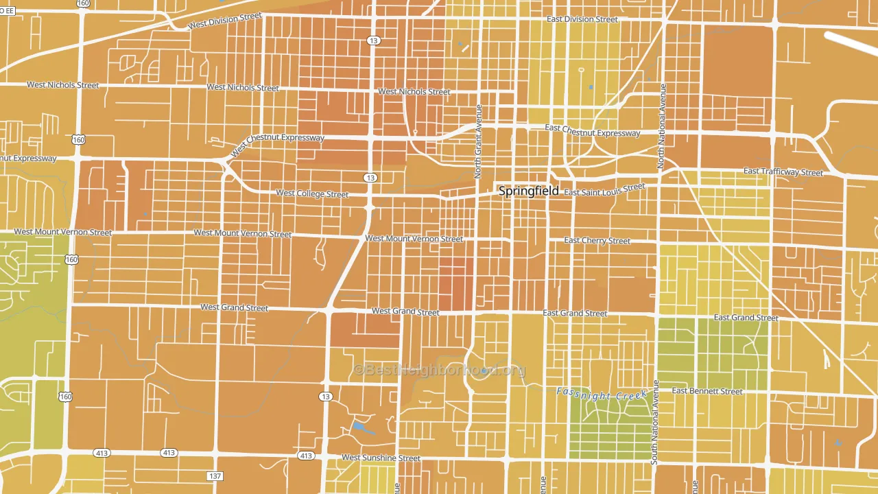 Map of the best neighborhoods in the West Central, Springfield area, with better matches in green and worse matches in red