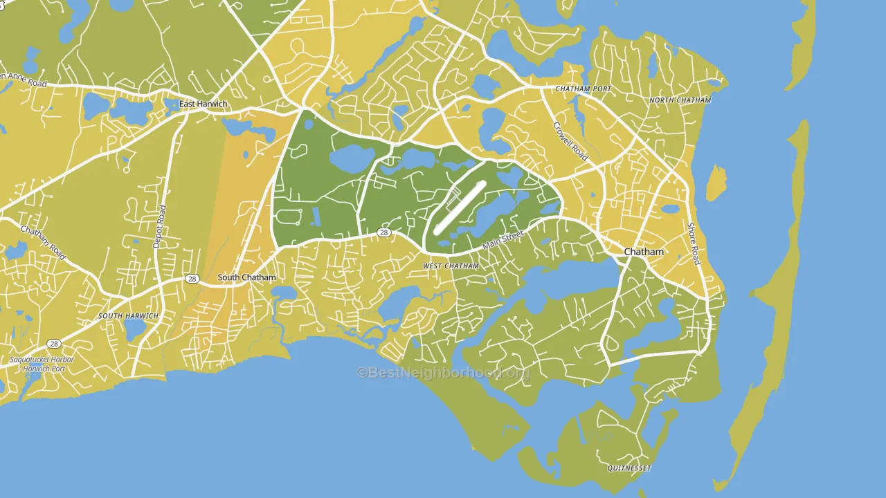 Map of the best neighborhoods in the West Chatham area, with better matches in green and worse matches in red