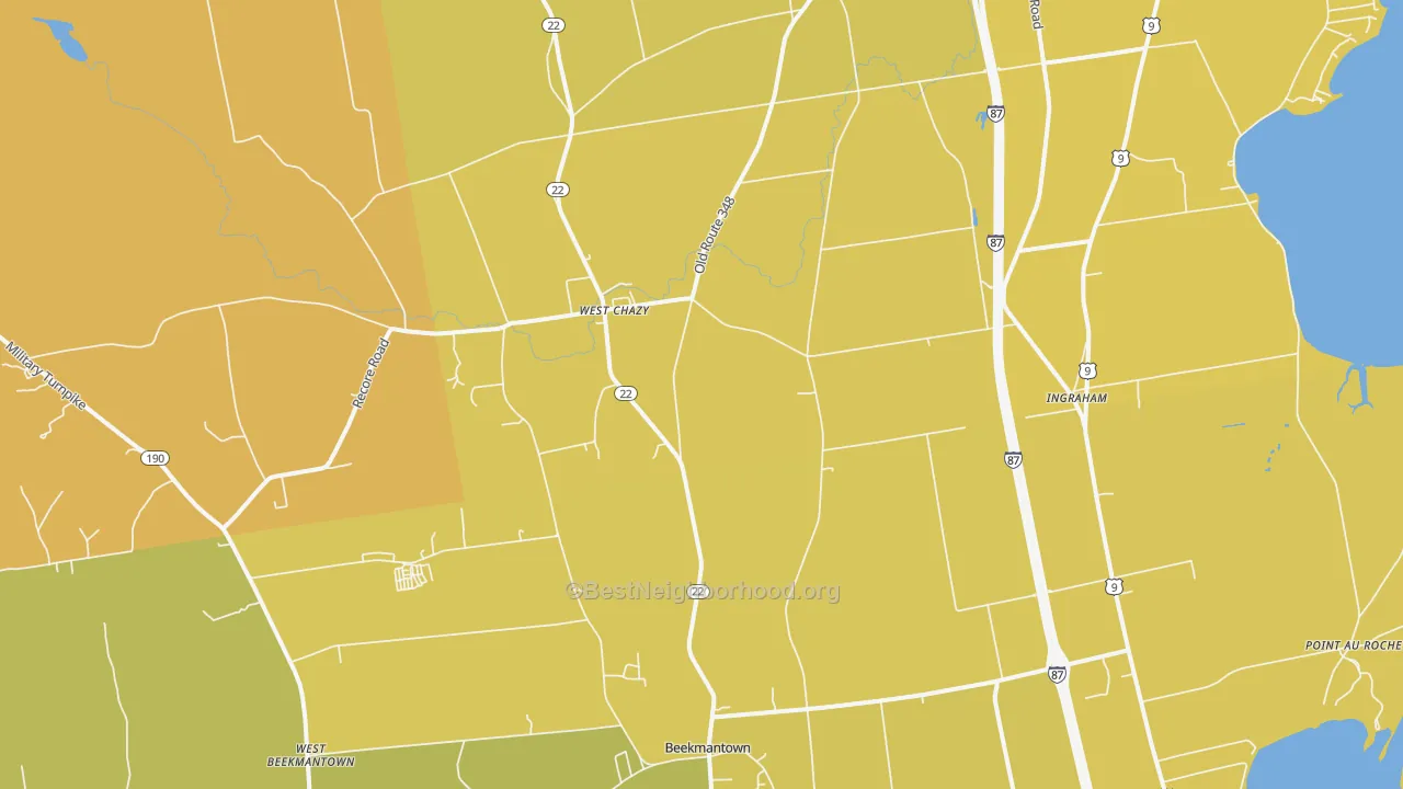 Map of the best neighborhoods in the West Chazy area, with better matches in green and worse matches in red