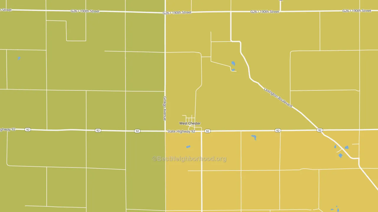 Map of the best neighborhoods in the West Chester area, with better matches in green and worse matches in red