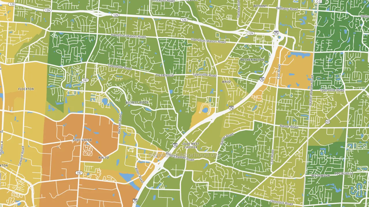 Map of the best neighborhoods in the West Chester area, with better matches in green and worse matches in red