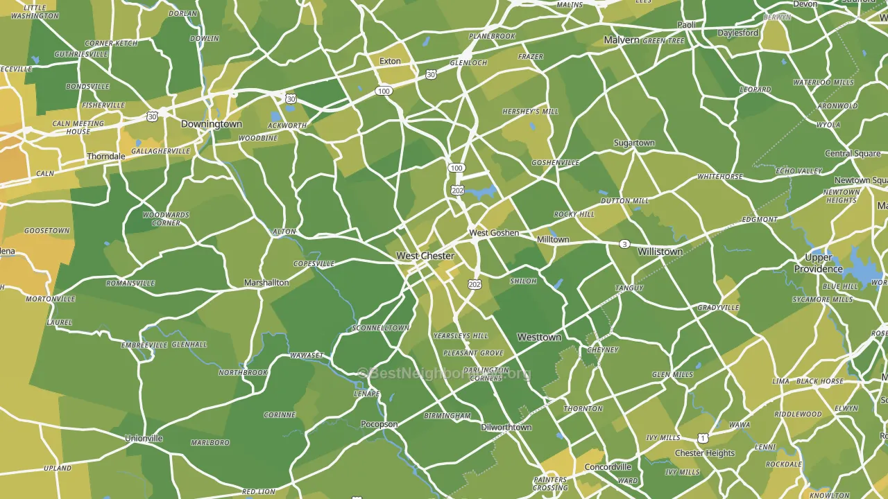 Map of the best neighborhoods in the West Chester area, with better matches in green and worse matches in red