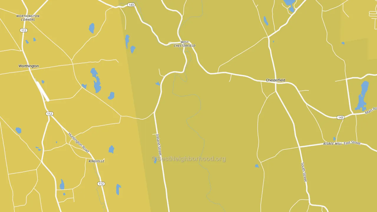 Map of the best neighborhoods in the West Chesterfield area, with better matches in green and worse matches in red