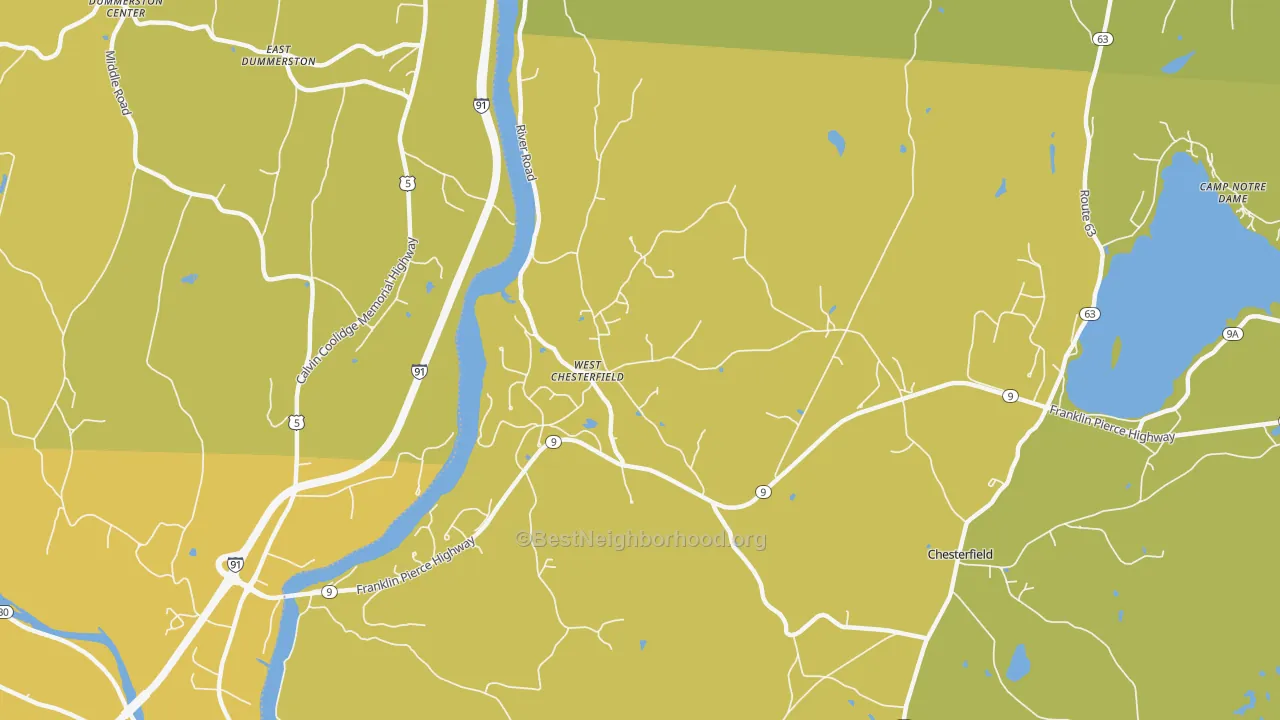 Map of the best neighborhoods in the West Chesterfield area, with better matches in green and worse matches in red
