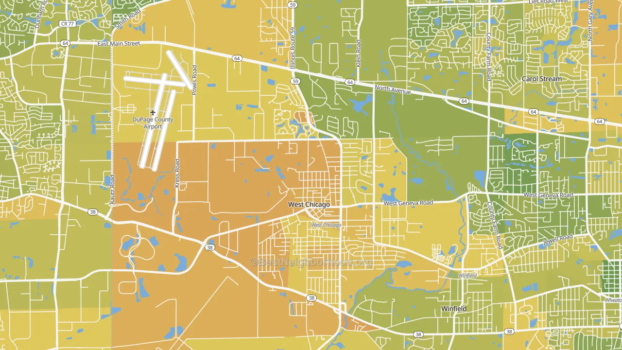 Map of the best neighborhoods in the West Chicago area, with better matches in green and worse matches in red