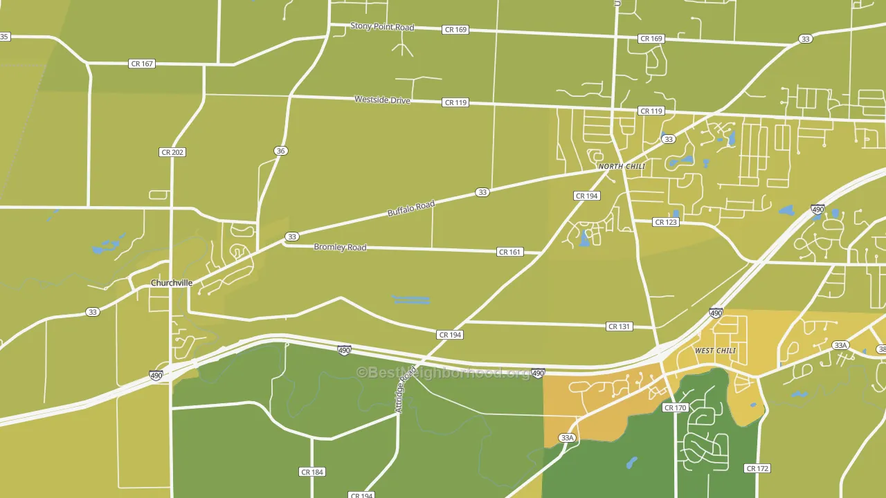 Map of the best neighborhoods in the West Chili area, with better matches in green and worse matches in red