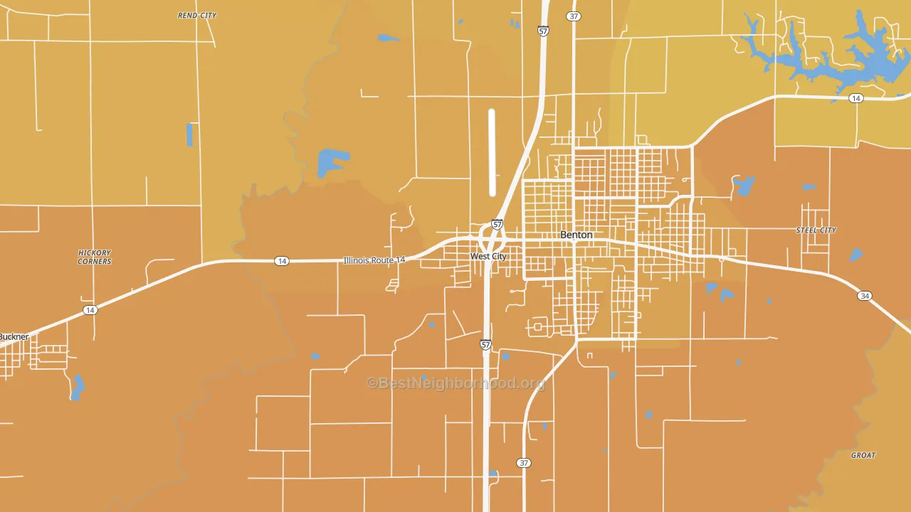 Map of the best neighborhoods in the West City area, with better matches in green and worse matches in red