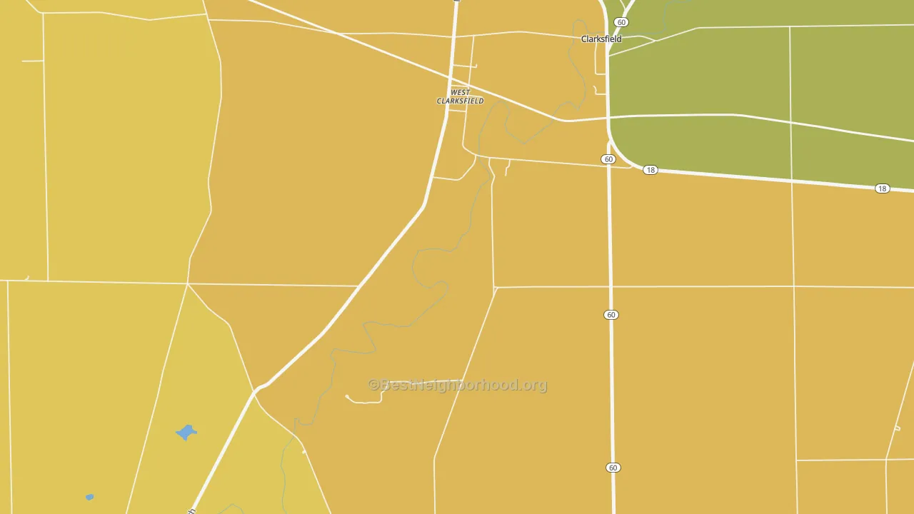 Map of the best neighborhoods in the West Clarksfield area, with better matches in green and worse matches in red