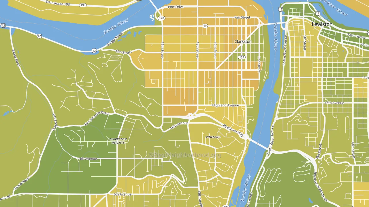 Map of the best neighborhoods in the West Clarkston-Highland area, with better matches in green and worse matches in red