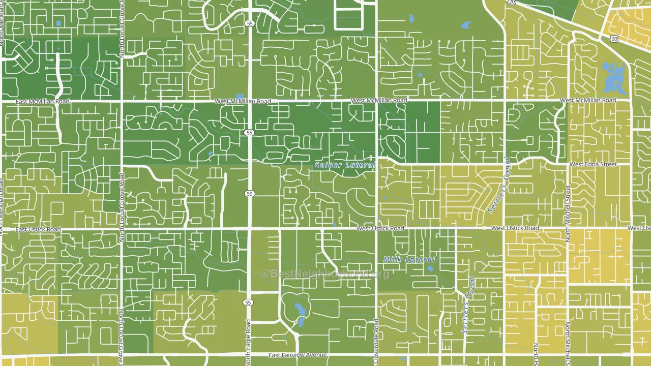 Map of the best neighborhoods in the West Cloverdale, Boise area, with better matches in green and worse matches in red