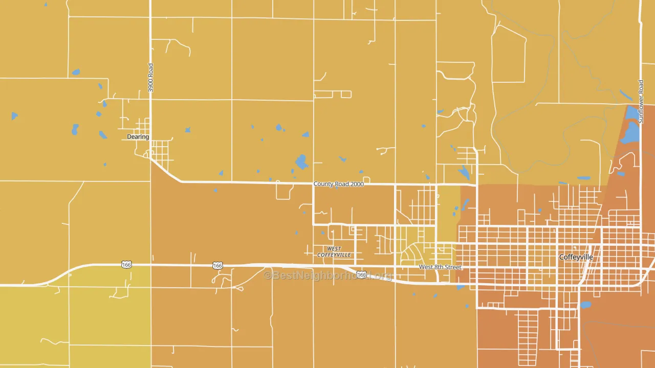 Map of the best neighborhoods in the West Coffeyville area, with better matches in green and worse matches in red