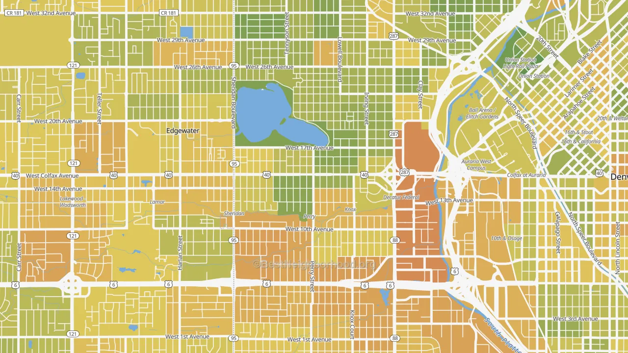 Map of the best neighborhoods in the West Colfax, Denver area, with better matches in green and worse matches in red