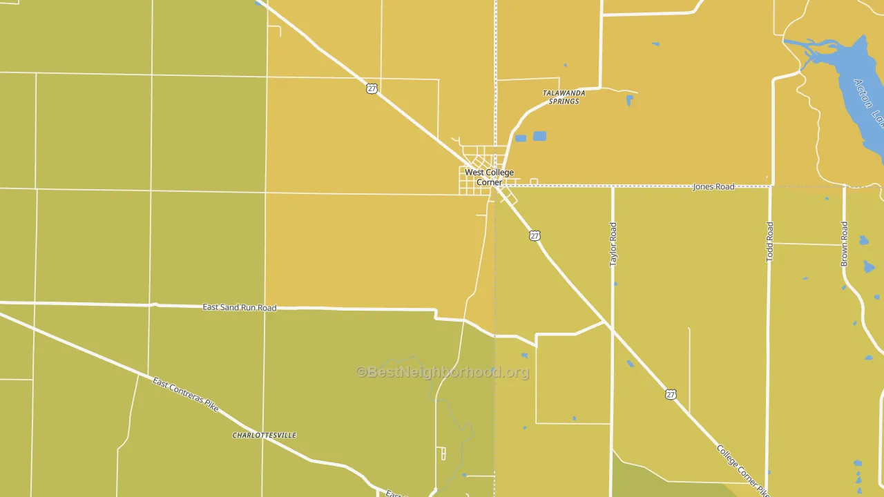 Map of the best neighborhoods in the West College Corner area, with better matches in green and worse matches in red