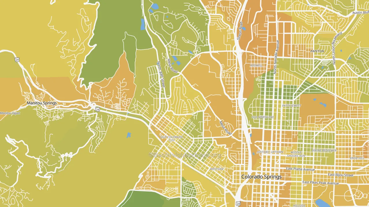 Map of the best neighborhoods in the West Colorado Springs, Colorado Springs area, with better matches in green and worse matches in red