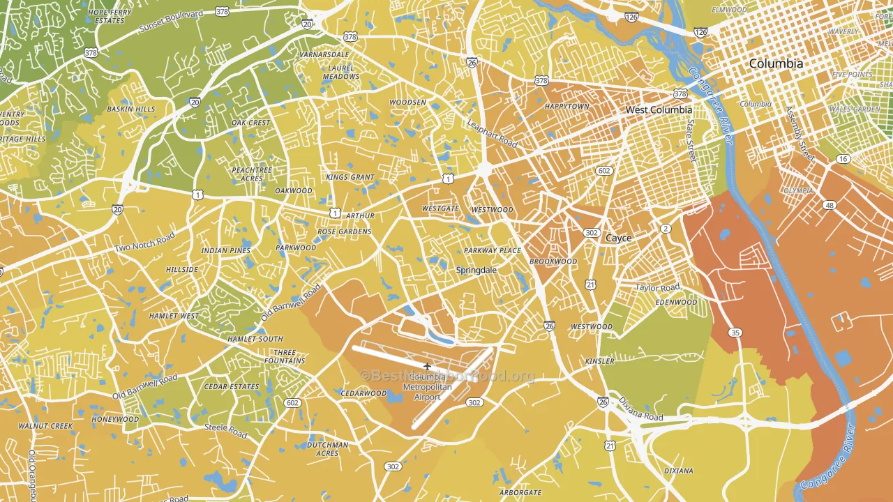Map of the best neighborhoods in the West Columbia area, with better matches in green and worse matches in red