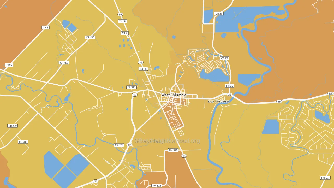 Map of the best neighborhoods in the West Columbia area, with better matches in green and worse matches in red