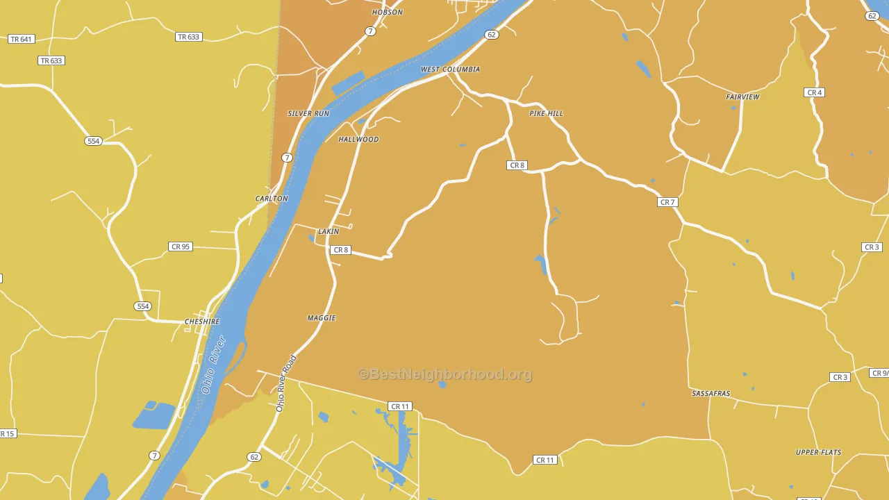 Map of the best neighborhoods in the West Columbia area, with better matches in green and worse matches in red
