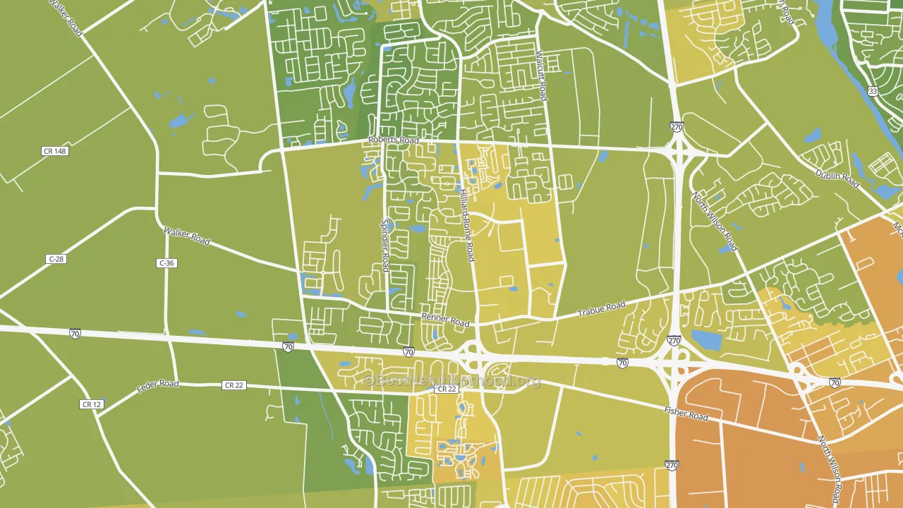 Map of the best neighborhoods in the West Columbus Interim, Hilliard area, with better matches in green and worse matches in red