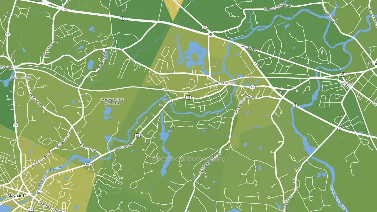 Map of the best neighborhoods in the West Concord area, with better matches in green and worse matches in red