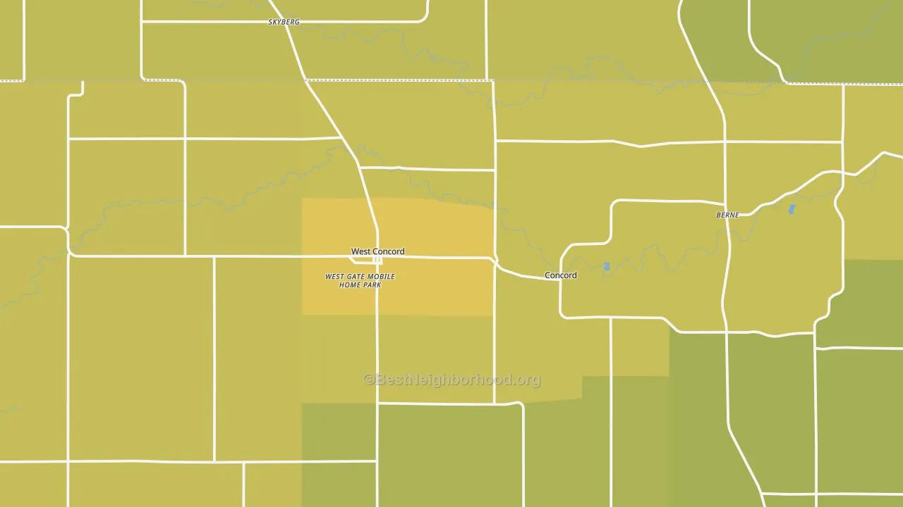 Map of the best neighborhoods in the West Concord area, with better matches in green and worse matches in red