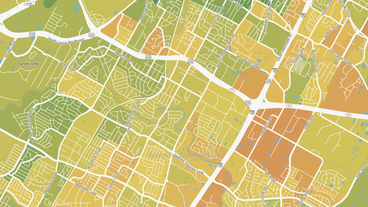 Map of the best neighborhoods in the West Congress, Austin area, with better matches in green and worse matches in red