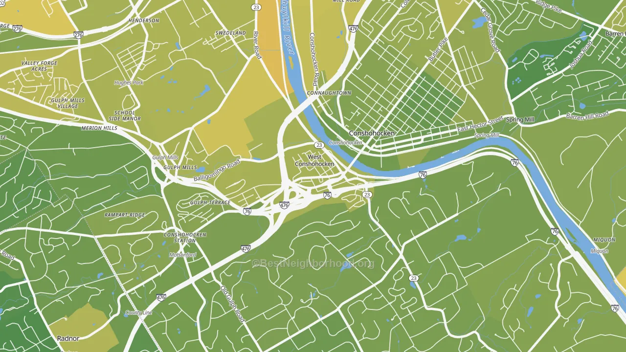 Map of the best neighborhoods in the West Conshohocken area, with better matches in green and worse matches in red