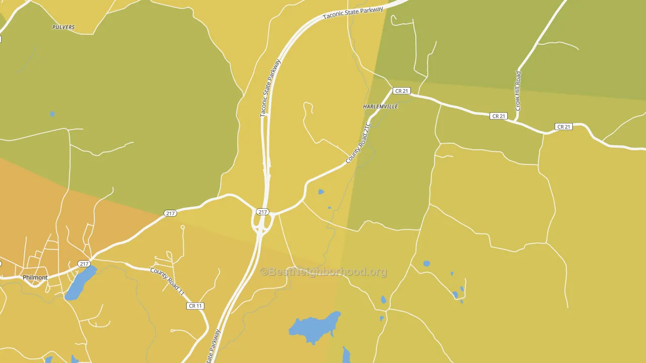 Map of the best neighborhoods in the West Copake area, with better matches in green and worse matches in red