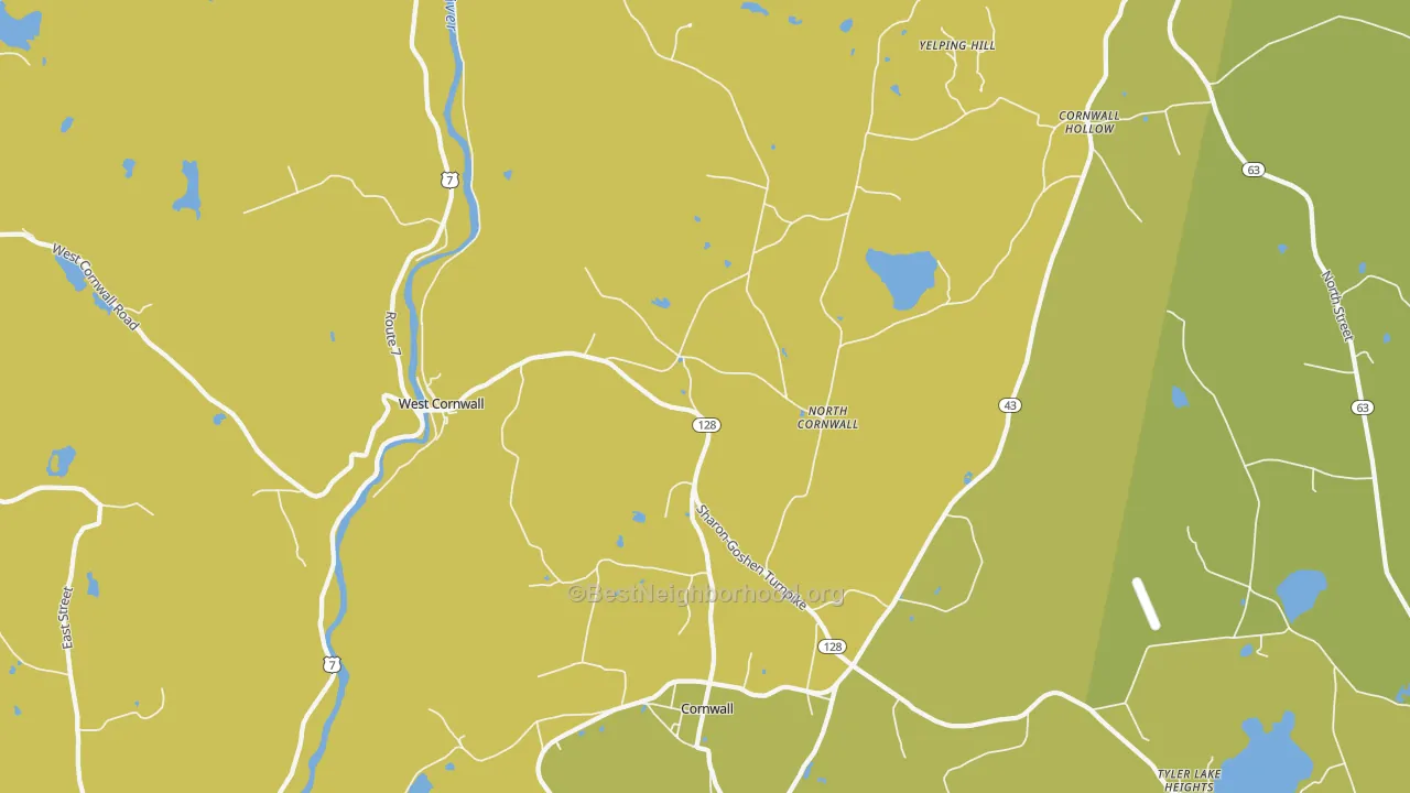 Map of the best neighborhoods in the West Cornwall area, with better matches in green and worse matches in red