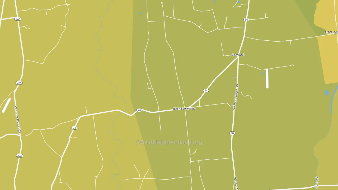 Map of the best neighborhoods in the West Cornwall area, with better matches in green and worse matches in red