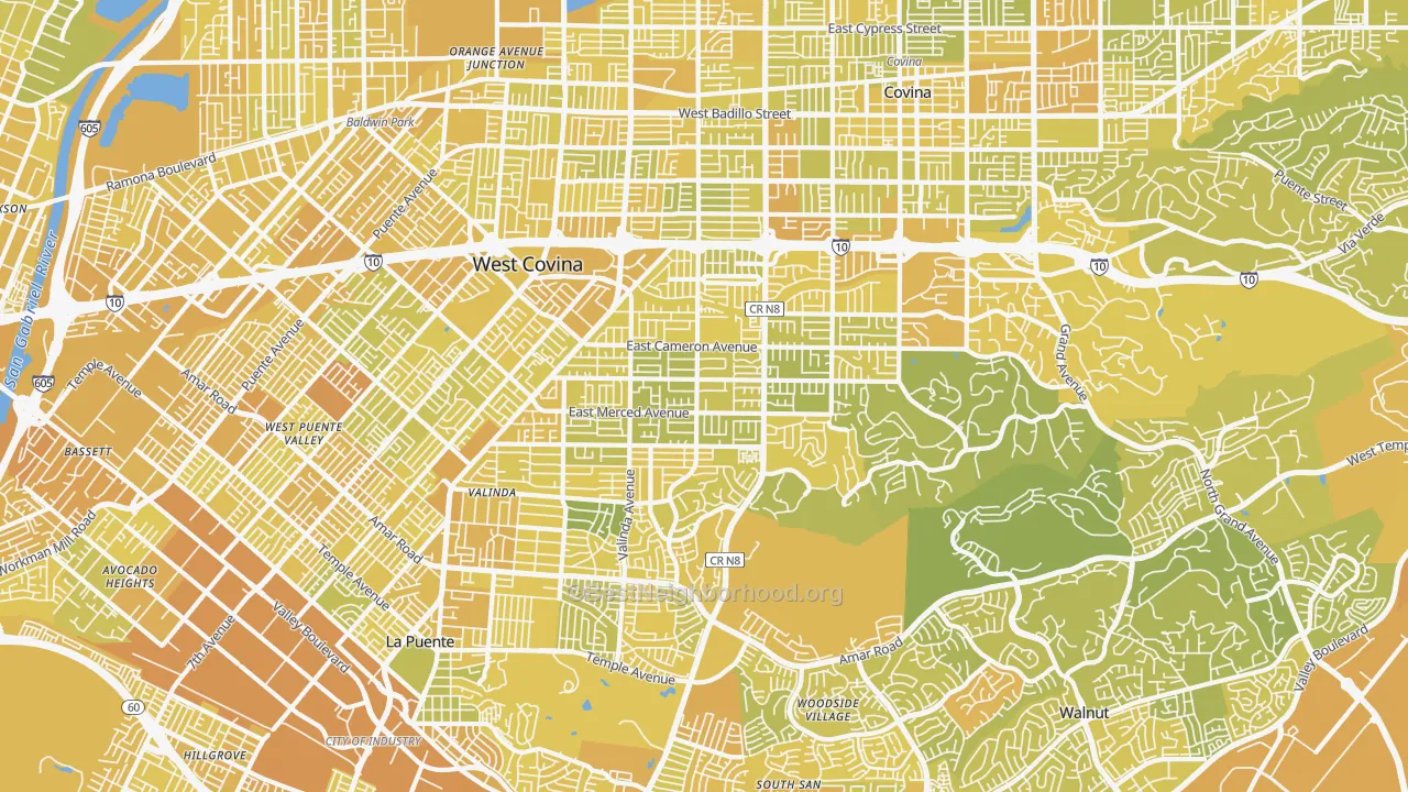 Map of the best neighborhoods in the West Covina area, with better matches in green and worse matches in red