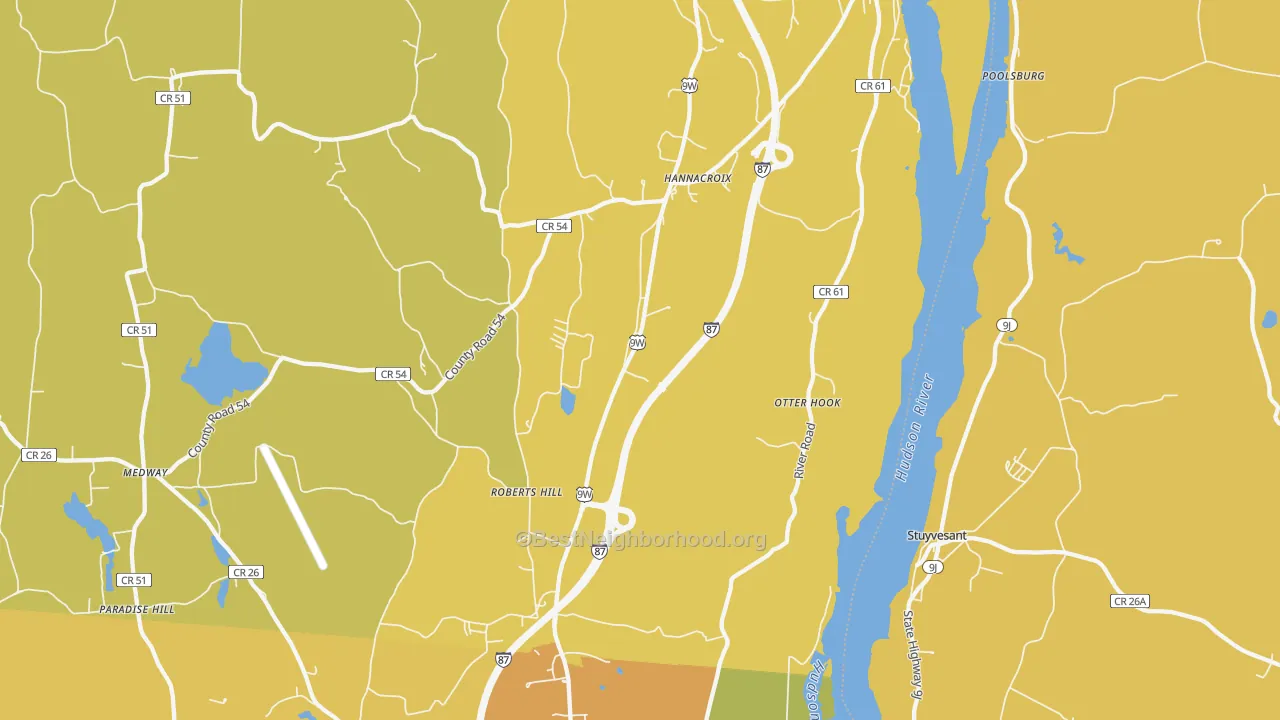 Map of the best neighborhoods in the West Coxsackie area, with better matches in green and worse matches in red